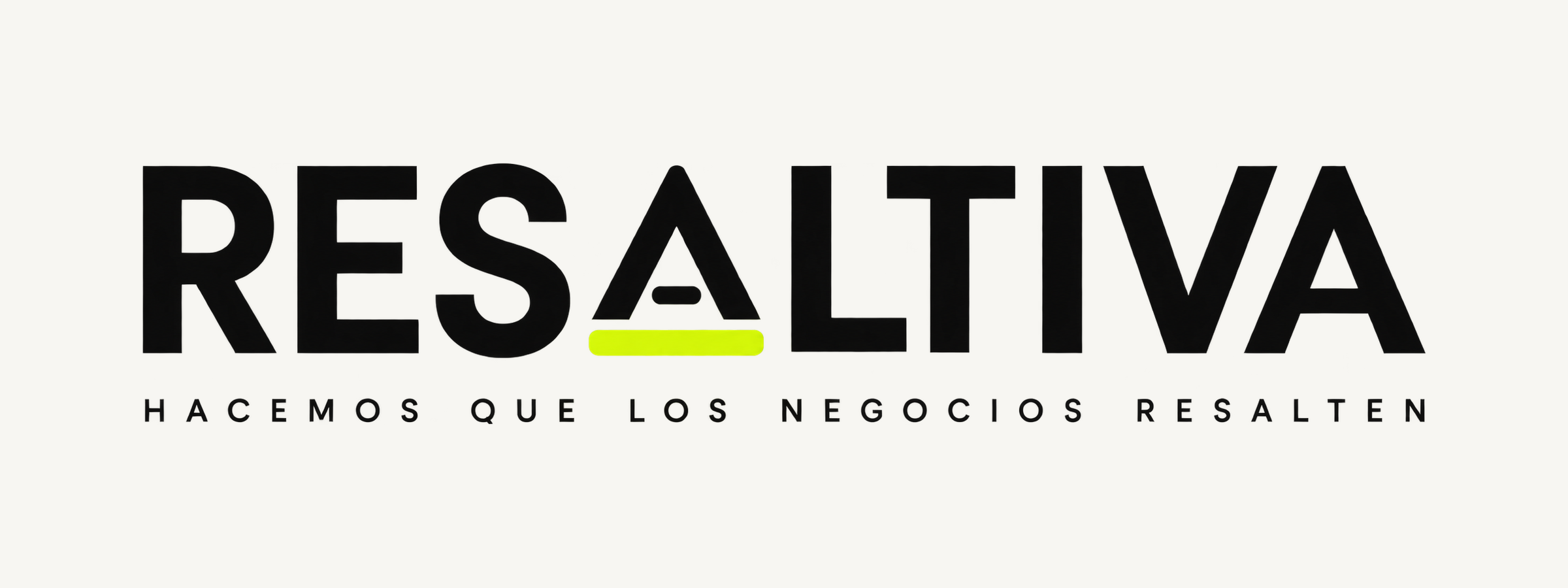 Logo oficial de Resaltiva: una A intervenida y una barra lima sobre fondo blanco cálido.
